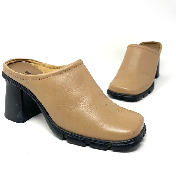 Vintage 90s Y2K Wanted Square Toe Tan Leather Heeled Mules Size 6 - Picture 1 of 11